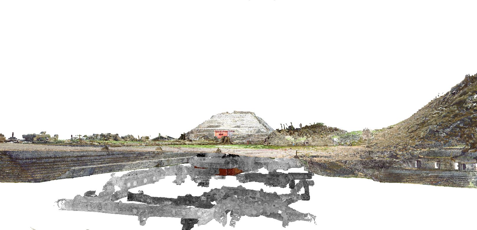 Aerial view of ancient Maya architecture and engineered landscape
